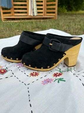 Veronica Beard Black Suede Wooden Heel Clog Mule W/Gold Studs Women’s Size 6.5